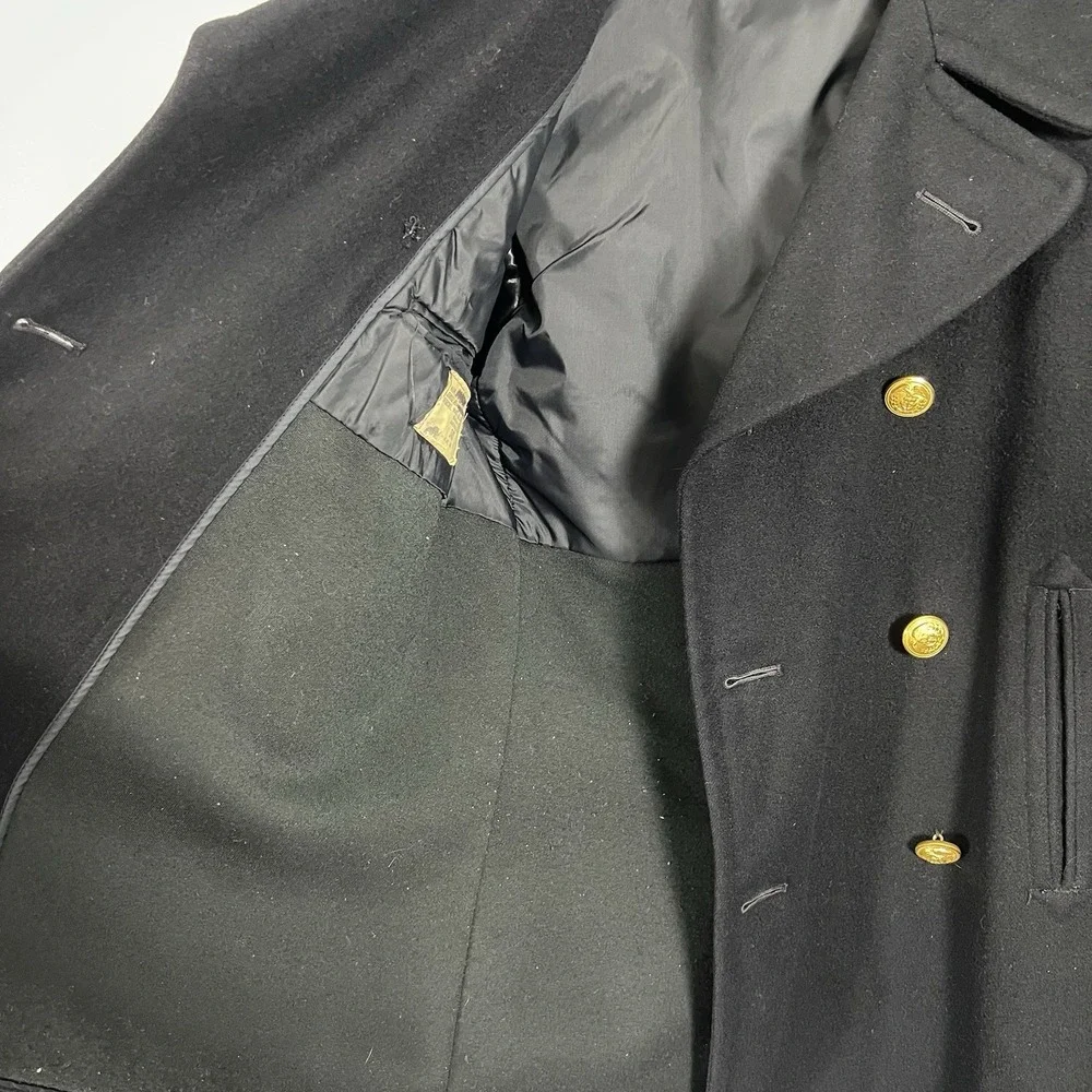 Mens Black Double Breasted Wool‎ Peacoat Military Style Gold Buttons 34S